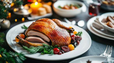 A beautifully arranged traditional Chinese roast meal featuring a perfectly cooked bird, vibrant ingredients, and festive garnishes, ideal for celebrations.の素材