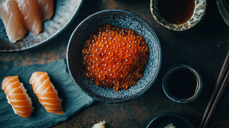 A stunning top-down view of fresh salmon roe (ikura) in a bowl, surrounded by sushi ingredients. Perfect for culinary and food presentation themes.の素材
