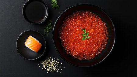 Vibrant salmon roe served in a sleek black bowl, accompanied by soy sauce, offers a delightful dish that celebrates fresh seafood flavors and culinary elegance.の素材