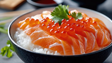 A traditional Japanese donburi featuring fresh salmon slices and vibrant caviar atop fluffy rice, beautifully garnished with herbs. Perfect for culinary enthusiasts.の素材