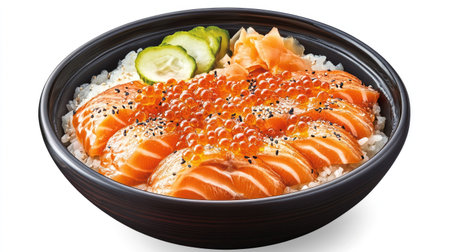 This traditional Japanese donburi bowl features fresh salmon slices, vibrant toppings, and rice, offering a harmonious balance of flavors in a stunning presentation.の素材