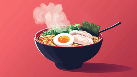 A vibrant bowl of steaming ramen, topped with fresh ingredients like egg, meat, and greens, perfect for a delicious culinary experience.の素材