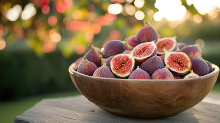 A beautiful arrangement of ripe figs in a rustic wooden bowl, captured under soft sunlight, showcasing their vibrant colors and succulent textures. Perfect for food photography.の素材