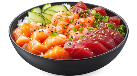 A vibrant bowl of chirashi don featuring assorted fresh seafood, including salmon, tuna, and shrimp, garnished with vegetables and sesame seeds. Perfect for sushi lovers!の素材