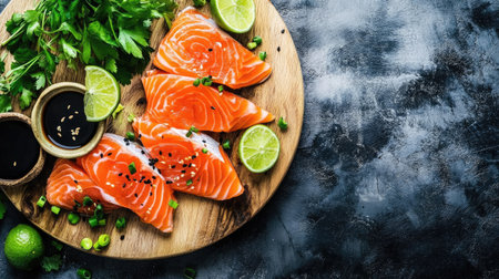 Experience a beautiful traditional Japanese salmon presentation, showcasing fresh slices of salmon on a wooden board, garnished with greens and citrus.の素材