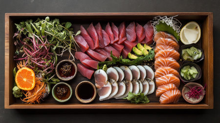 Beautifully arranged traditional Japanese sashimi platter featuring an assortment of fresh fish, herbs, and garnishes. Perfect for gourmet dining and culinary presentation.の素材