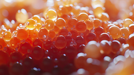 A stunning close-up of vibrant ikura pearls creates a dazzling and appetizing visual. This macro shot highlights their glossy texture and rich colors, perfect for food photography.の素材