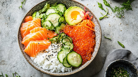 A vibrant salmon donburi bowl featuring fresh slices of salmon, cucumber, avocado, and a dollop of orange roe atop fluffy rice, perfect for a healthy meal.の素材