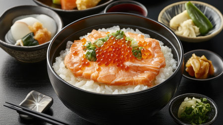 A beautifully presented traditional salmon donburi featuring fresh raw salmon atop a bed of rice, garnished with green onions and served with assorted sides for a delightful dining experience.の素材