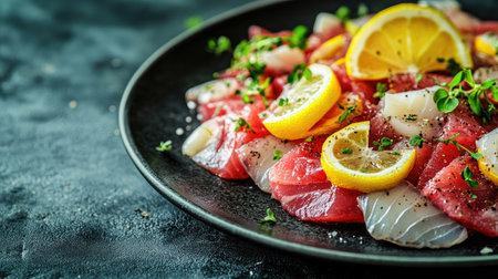 This vibrant fish carpaccio features fresh slices of fish garnished with lemon and herbs, presenting a colorful and appetizing dish perfect for gourmet dining.の素材