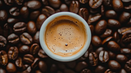 A close-up of a white cup filled with freshly brewed coffee, surrounded by coffee beans. This image captures the essence of a warm beverage, perfect for coffee lovers.の素材