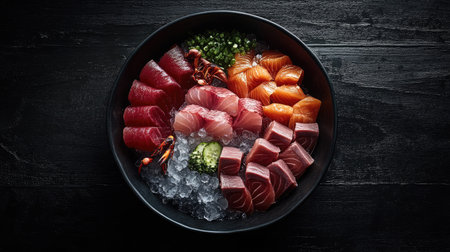 A vibrant assortment of fresh sashimi including salmon and tuna, served on ice with garnishes. Perfect for sushi lovers and food presentations.の素材