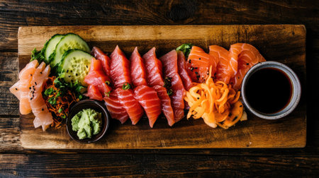 A vibrant sashimi platter featuring fresh slices of fish arranged beautifully on a wooden board, accompanied by wasabi, ginger, and a soy sauce dip. Perfect for seafood lovers.の素材