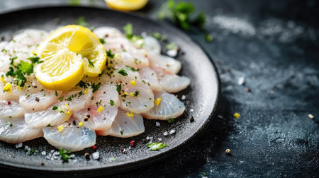 Discover a vibrant fish carpaccio, beautifully arranged on a black plate with fresh lemon slices and herbs, perfect for a gourmet appetizer or light meal.の素材