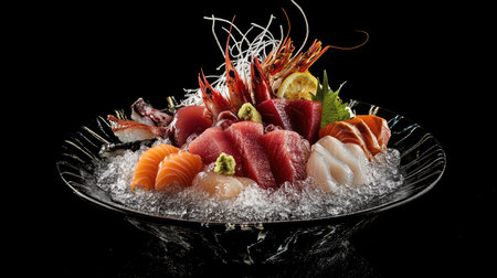 Experience a vibrant assortment of sashimi served elegantly on ice, showcasing the freshness and artistry of Japanese cuisine in a stunning presentation.の素材