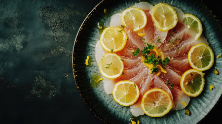 This artistic arrangement features fresh fish carpaccio elegantly garnished with lemon slices, creating a vibrant and appetizing presentation perfect for any dining occasion.の素材