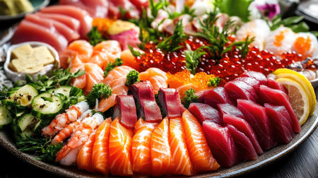 A vibrant assortment of sashimi displayed on a beautiful plate, showcasing fresh seafood in a colorful arrangement, perfect for any dining occasion.の素材
