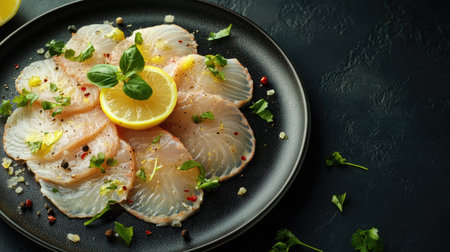 Delight in this fresh fish carpaccio topped with lemon and herbs. A beautifully presented dish perfect for appetizing starters or gourmet dining experiences.の素材