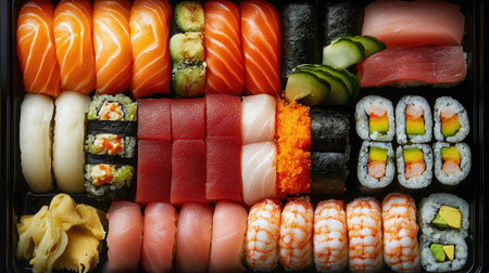Enjoy a beautifully arranged overhead view of a fresh sushi platter, showcasing a variety of colorful and delicious sushi options for a delightful dining experience.の素材