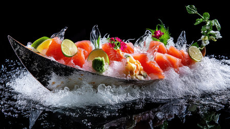 A stunning presentation of sashimi served on an elegant boat, surrounded by ice and garnished with fresh ingredients, perfect for a gourmet dining experience.の素材