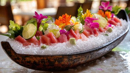 A stunning sashimi boat elegantly presented with assorted fresh fish, colorful flowers, and garnishes. Perfect for culinary events or restaurants.の素材