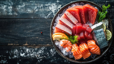 An appetizing overhead shot of an assorted sashimi platter featuring fresh seafood including salmon and tuna, artfully arranged on ice with garnishes.の素材