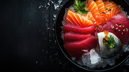 A stunning arrangement of fresh tuna and salmon sashimi slices served on ice, ideal for a gourmet seafood platter. Perfect for dining experiences.の素材