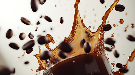 Experience the dynamic beauty of coffee splashing from a cup surrounded by floating coffee beans. This visually stunning image captures the essence of freshness and energy.の素材