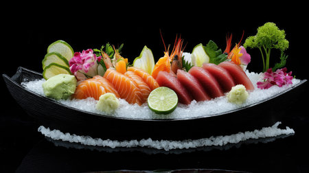 This elegant sashimi presentation showcases a beautiful assortment of fresh seafood artfully arranged on a decorative boat. Bright colors and unique garnishes enhance the visual appeal.の素材