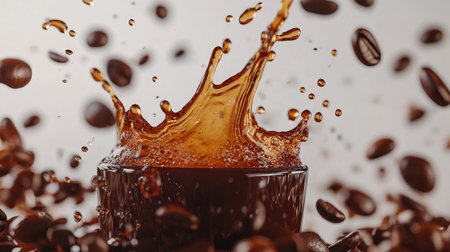 A vibrant splash of coffee erupts from a cup surrounded by flying coffee beans, capturing a dynamic moment of energy and freshness in a creative shot.の素材