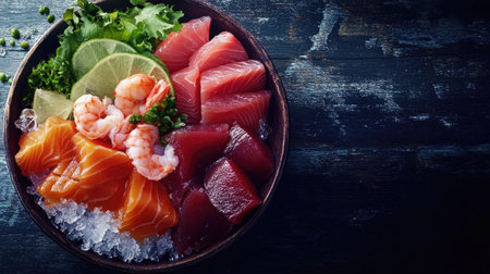 A stunning sashimi platter featuring vibrant slices of tuna and salmon, with shrimp and fresh greens on ice, perfect for gourmet dining experiences.の素材