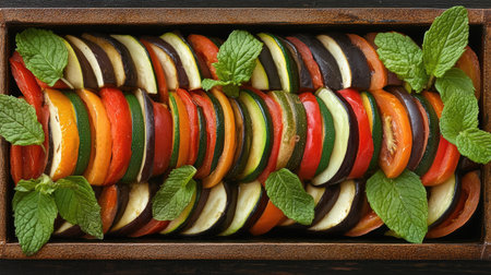 A vibrant and colorful arrangement of freshly sliced vegetables in a wooden tray, garnished with mint leaves, perfect for healthy meals or culinary presentations.の素材