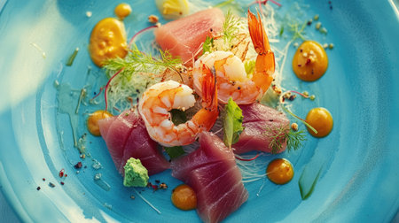 A vibrant plate of assorted sashimi featuring shrimp, beautifully arranged on a bright blue background, perfect for gourmet seafood lovers and culinary enthusiasts.の素材