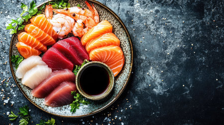 A beautifully arranged plate of assorted sashimi featuring fresh seafood including salmon, tuna, and shrimp, accompanied by soy sauce. Perfect for food lovers.の素材