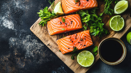 Discover the beauty of traditional Japanese salmon presentation, featuring fresh slices garnished with herbs and lime on a wooden board, perfect for any culinary experience.の素材