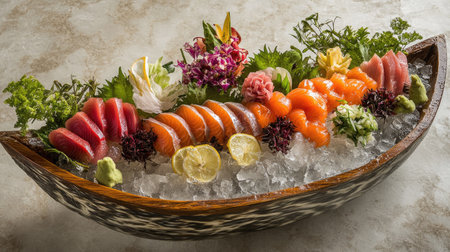 A stunning top-down view of a vibrant sashimi boat featuring an array of fresh seafood and artistic garnishes arranged on ice, perfect for culinary enthusiasts.の素材