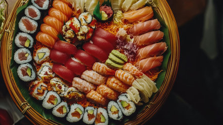 An exquisite assortment of sushi beautifully arranged in a bamboo platter, showcasing fresh seafood and vibrant colors, perfect for gourmet dining or celebrations.の素材