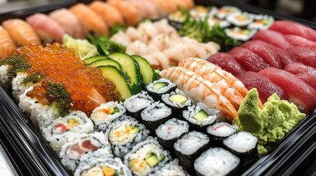 A vibrant bento box filled with an exquisite selection of sushi, showcasing the artistry of Japanese cuisine, perfect for sharing or enjoying solo.の素材