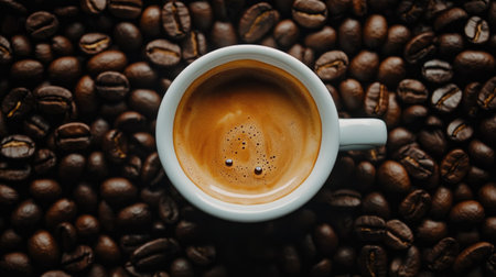 A top-down view of a white cup filled with freshly brewed coffee, surrounded by roasted coffee beans, showcasing rich color and inviting aroma.の素材