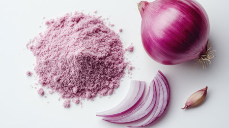 A visually appealing composition of pink salt mounded beside fresh onions, showcasing slices and a bulb on a clean white surface, ideal for culinary use.の素材