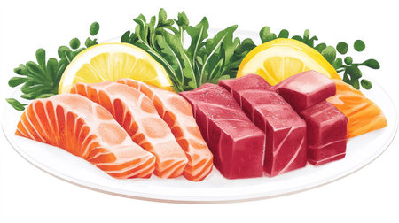 Discover an artful presentation of fresh sashimi featuring salmon and tuna. This vibrant display highlights the beauty of seafood, perfect for gourmet cuisine.の素材