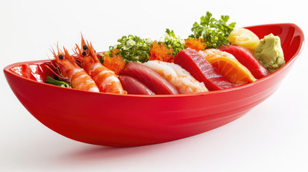A vibrant red bowl filled with an exquisite assortment of fresh sushi, featuring colorful fish and shrimp garnished with wasabi and greens, perfect for any dining experience.の素材