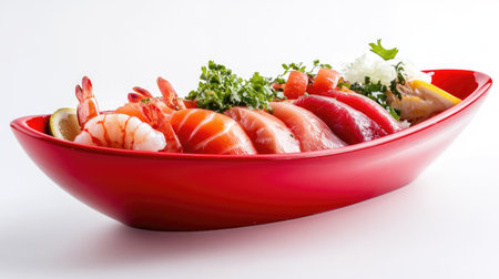 A vibrant red boat-shaped bowl showcases an exquisite selection of fresh seafood, including shrimp and various fish, beautifully garnished for an appealing culinary presentation.の素材