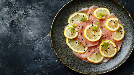 An artistic arrangement of fish carpaccio served with fresh lemon slices and herbs on a textured plate, showcasing vibrant colors and gourmet presentation.の素材