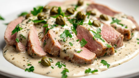 A beautifully plated dish featuring sliced meat drizzled with a creamy herb sauce, garnished with capers and fresh parsley, ideal for culinary inspiration.の素材