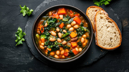 A delicious bowl of fresh vegetable soup featuring beans and vibrant greens, served with crusty bread on a black slate. Perfect for healthy meals.の素材