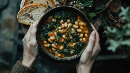 A warm bowl of vegetable soup is held in cozy hands, surrounded by rustic bread. This image captures the essence of comfort and healthy eating.の素材