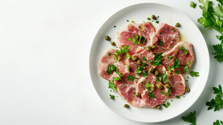 A beautiful presentation of freshly sliced meat garnished with green herbs, showcasing vibrant colors and inviting textures perfect for any culinary setting.の素材