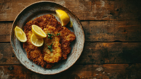 An appetizing plate of crispy fried chicken garnished with lemon wedges, perfect for a comforting meal or casual dining. Enjoy the savory flavors!の素材