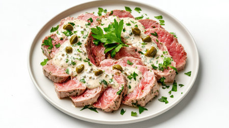 A vibrant meat platter featuring succulent slices drizzled with creamy sauce, garnished with fresh herbs and capers. Perfect for any gourmet meal.の素材